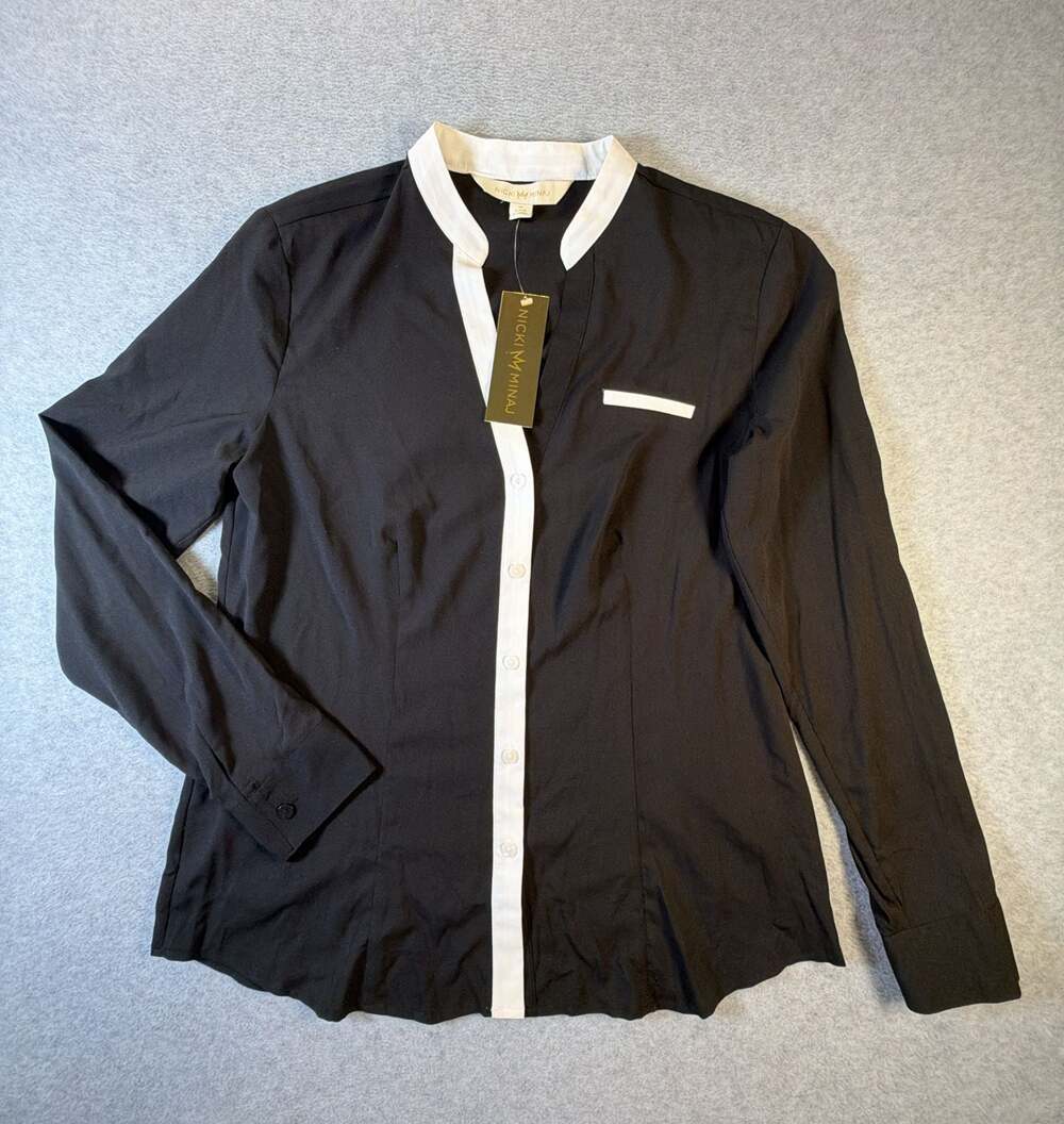 Nicki Minaj Black Long Sleeve Button Shirt with White Contrast Collar and Trim